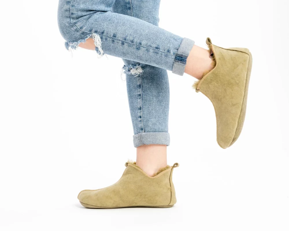 Warm Split Leather Slippers – Olive 2
