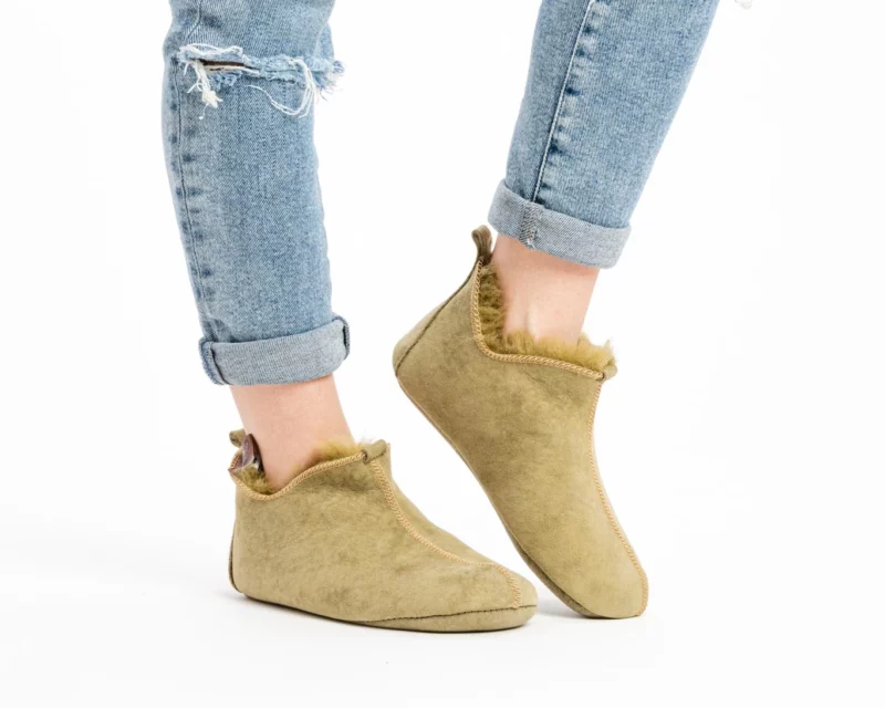 Warm Split Leather Slippers – Olive