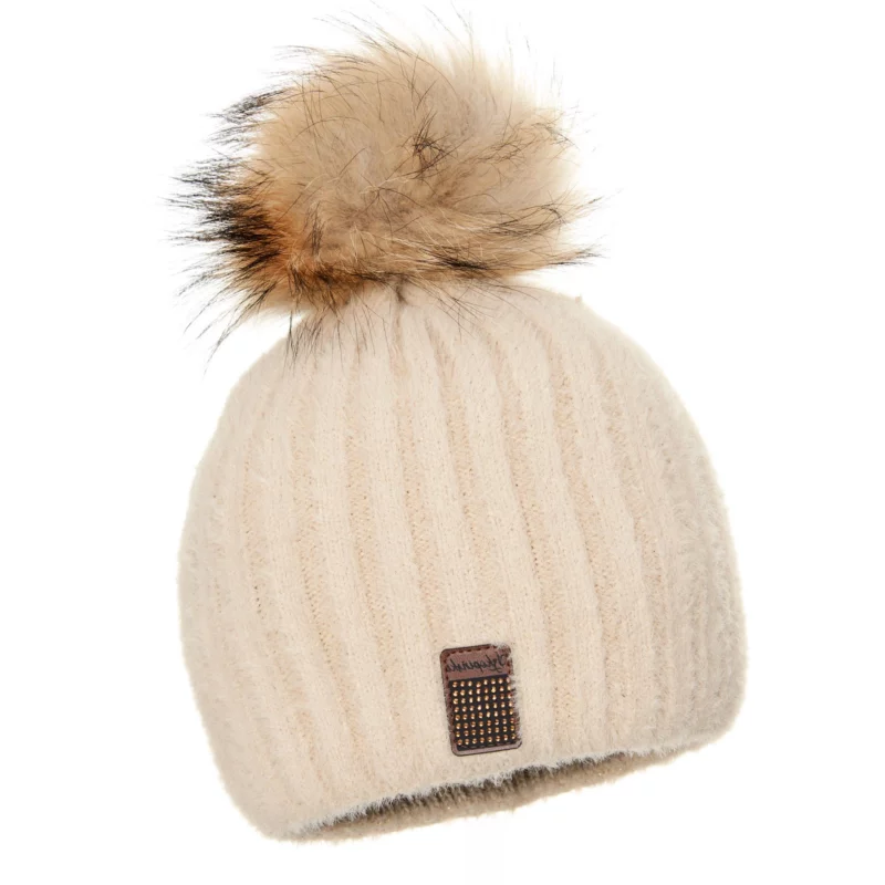 Beige Wool Beanie with Pom Pom