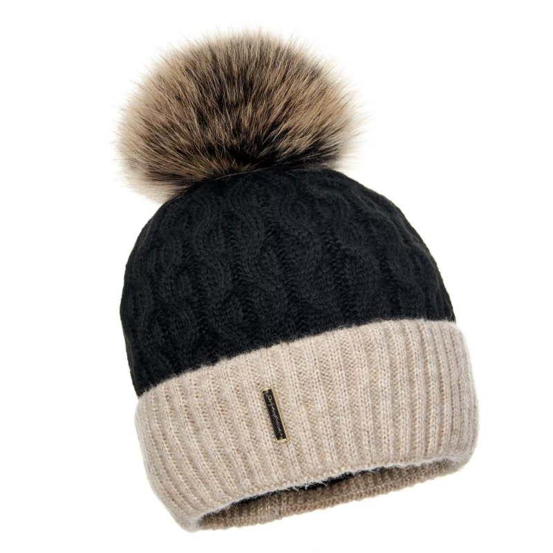 Black and beige Wool Beanie with Pom Pom