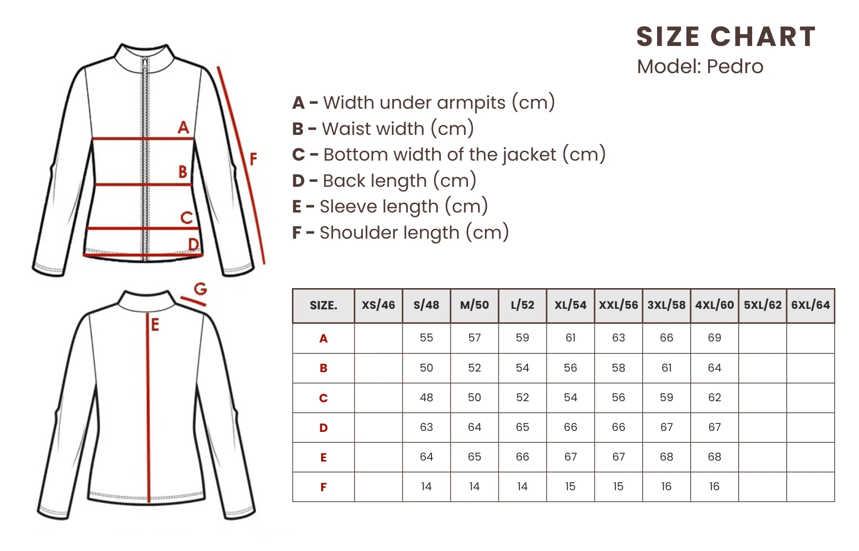 Nordskin.eu leather jacket size chart - universal 