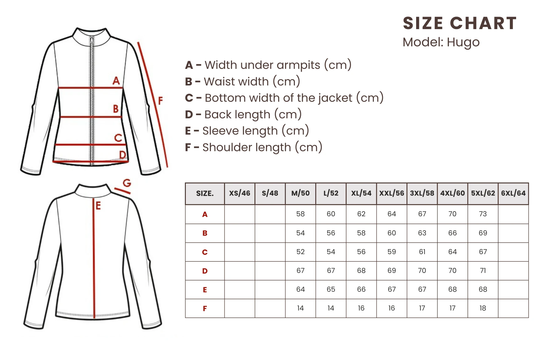 Nordskin.eu leather jacket size chart - universal 